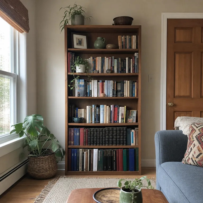 A tall bookcase holds heavier books on lower shelves and lighter items above.