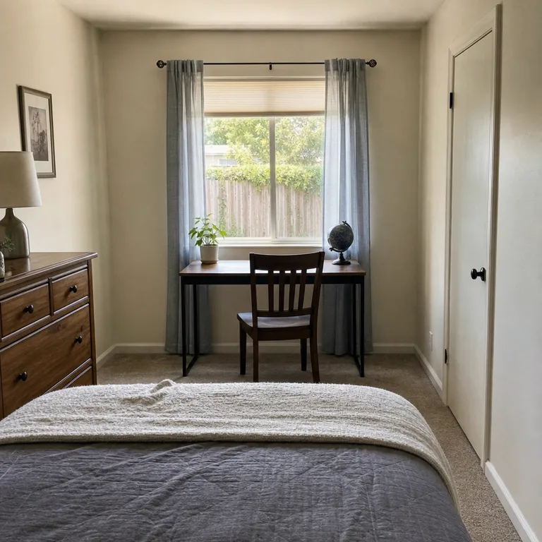Guest bed opposite a desk placed beneath a window.