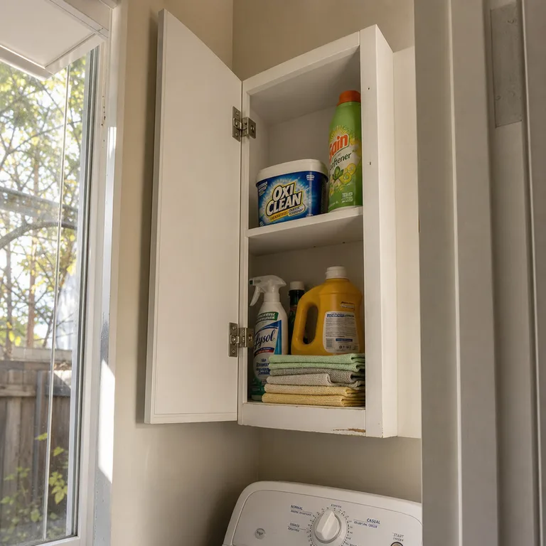 A narrow wall cabinet above a washer stores laundry supplies behind a closed door.