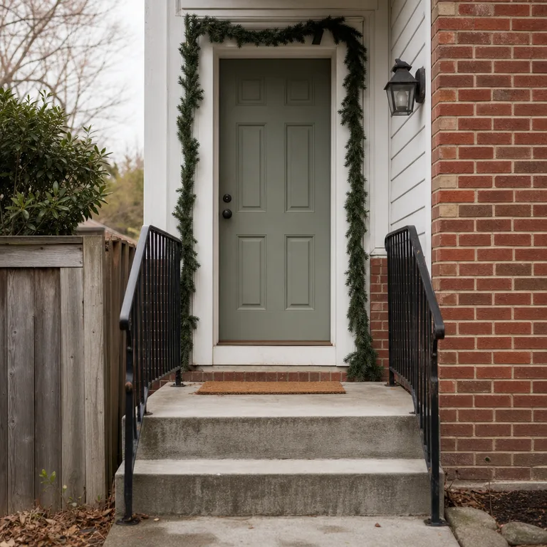 Slim evergreen garland attached around a front door frame above clear concrete steps.