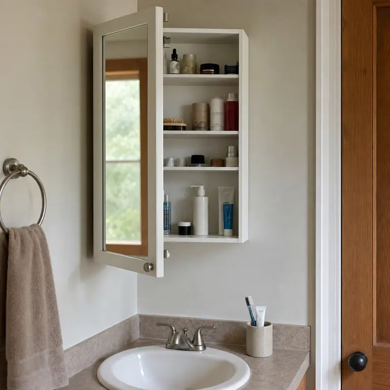 Open mirrored medicine cabinet holding daily bathroom toiletries above a small sink.