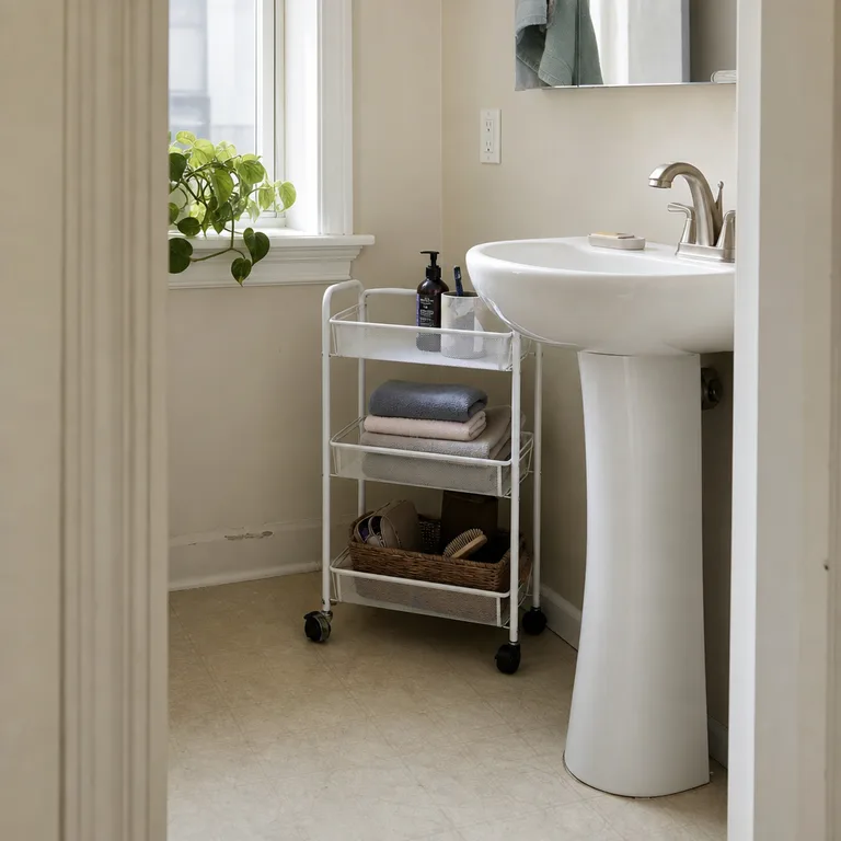 Slim rolling cart beside a white pedestal sink holding daily bathroom items.