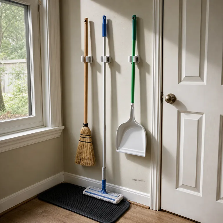 Wall clips hold a broom and mop above a rubber mat in a narrow entryway.
