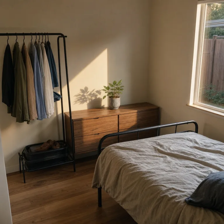 A bed placed in front of an open clothing rail and low drawer chest on the wall behind the headboard.