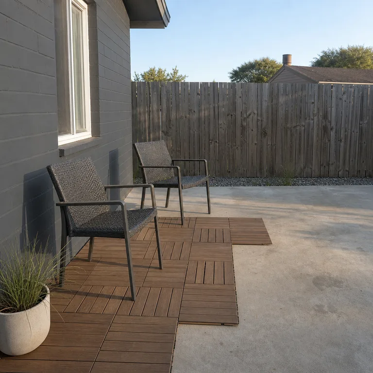 Interlocking wood deck tiles create a removable seating pad on a small concrete backyard patio.