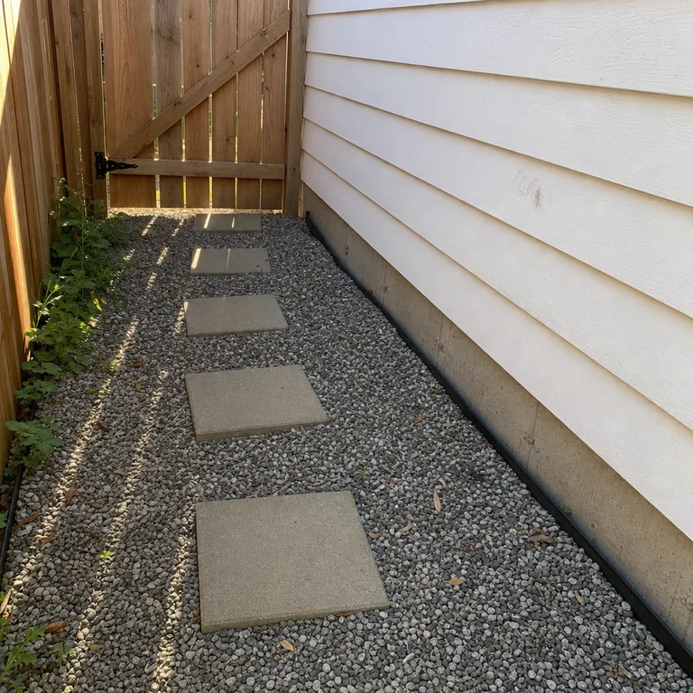 Square concrete stepping stones set in gravel beside a small house.