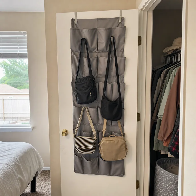 Lightweight crossbody bags stored in pockets on the back of a closet door.