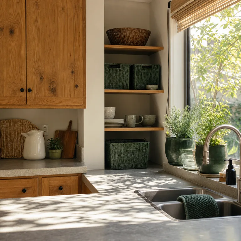Forest green herb pots, shelf baskets, and towel against oak kitchen cabinets.