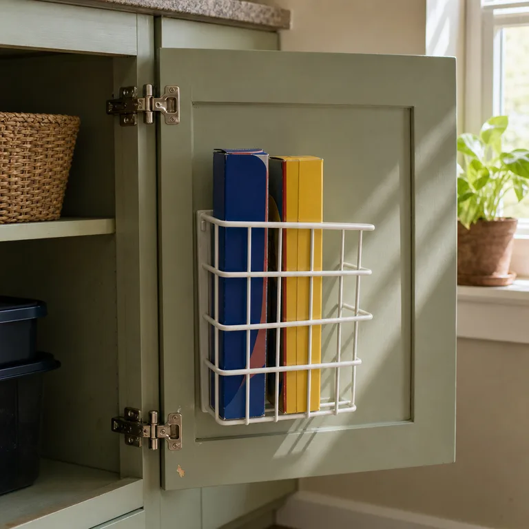 A wire basket mounted inside a kitchen cabinet door holding food-wrap boxes.