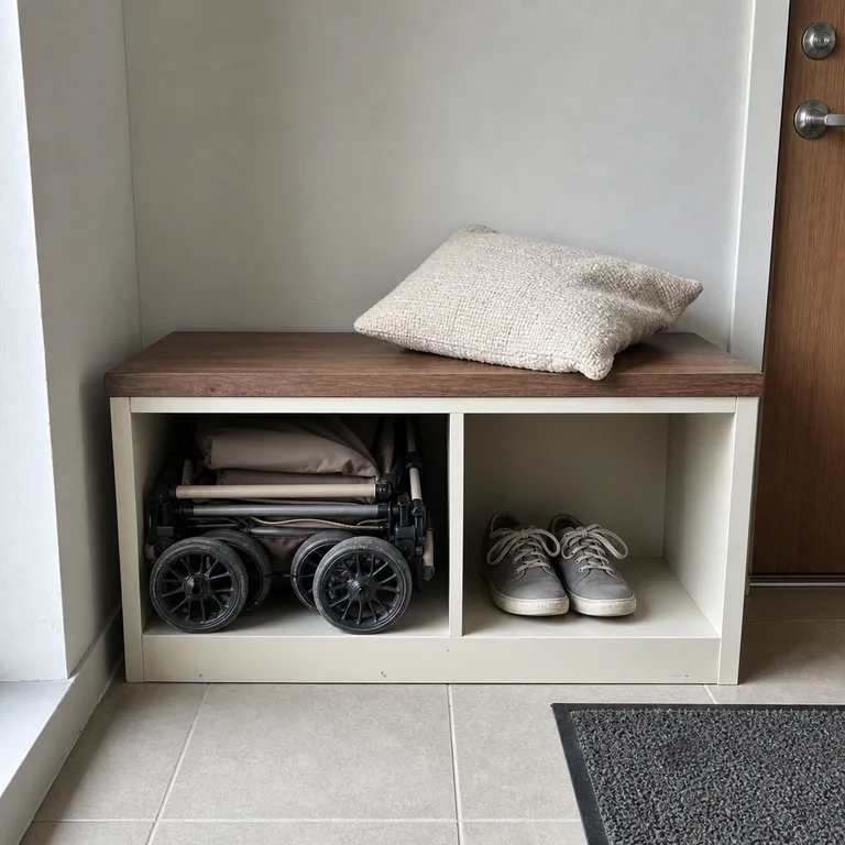 Folded stroller stored in the open lower cubby of an entry bench.