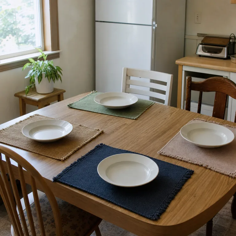 Four simple placemats define seats while the center of a kitchen table remains clear.