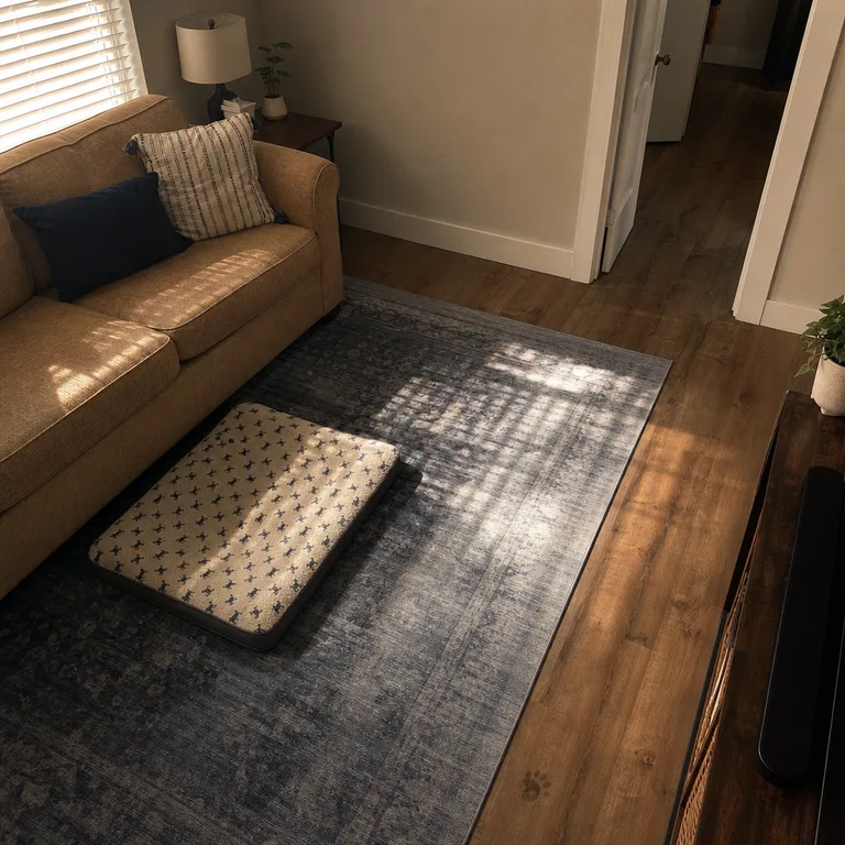 Flat patterned pet bed placed along the inside edge of an area rug beside a camel loveseat.