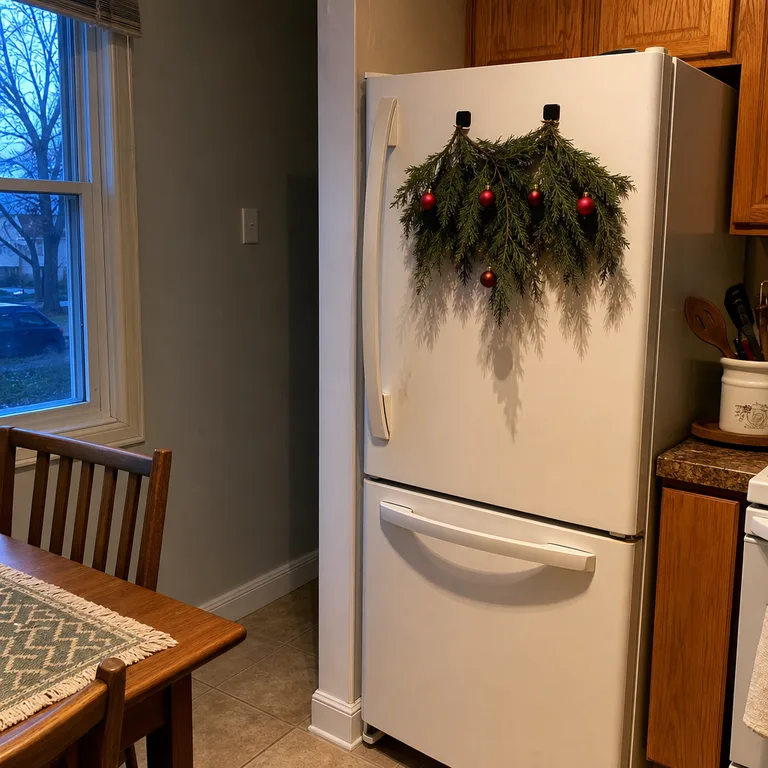 A short cedar swag hangs from magnetic hooks on a white refrigerator door.