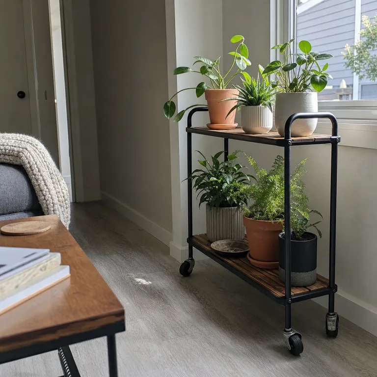 A narrow rolling cart holds several potted plants near a bright living-room window.