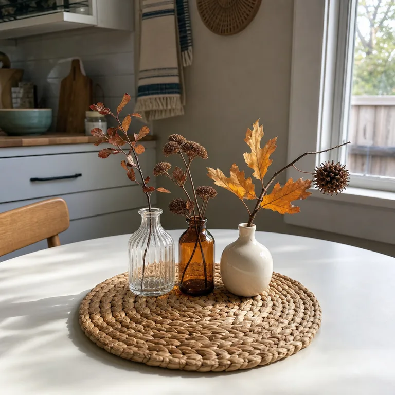 Three short mismatched bud vases with autumn branches sit together on a woven round placemat.