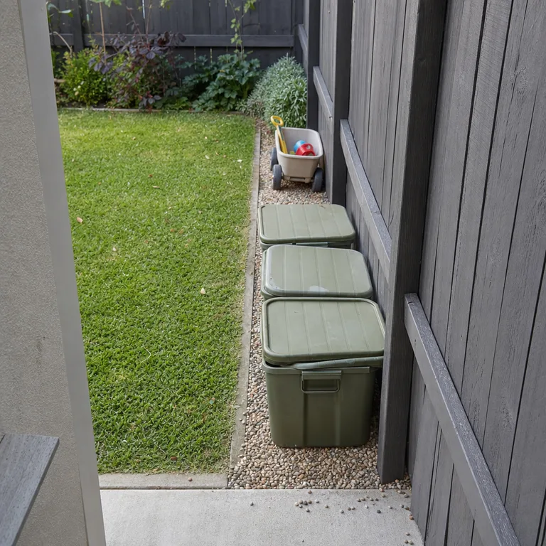 Lidded storage crates line a fence to keep small backyard toys out of the seating and lawn area.
