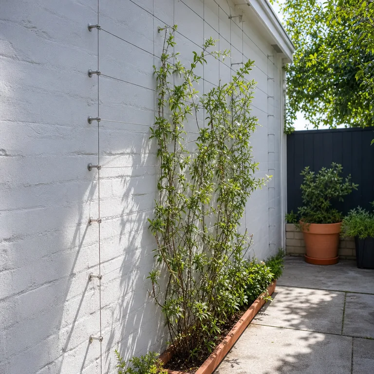 Stainless wire grid mounted on a painted brick patio wall for a lightweight climbing plant.