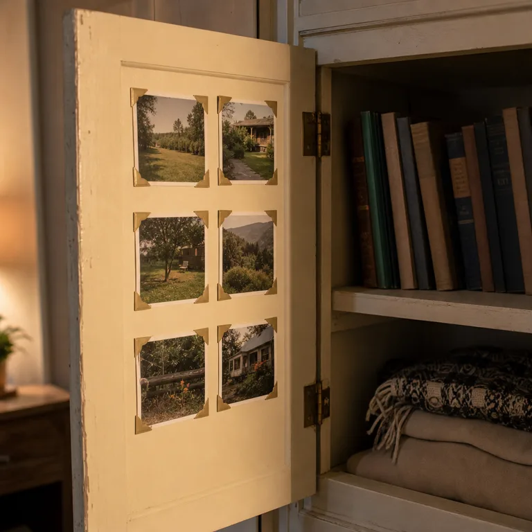 Small family photos are mounted inside the door of a pale living-room cabinet.