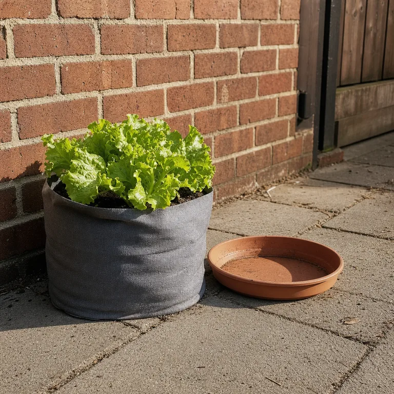 A fabric grow bag of green lettuce stands against a brick patio wall.
