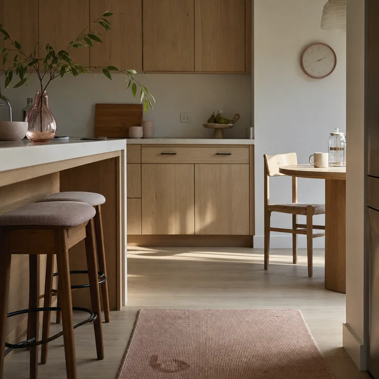 Light oak kitchen with a muted blush mat, glass vase, and wall clock.