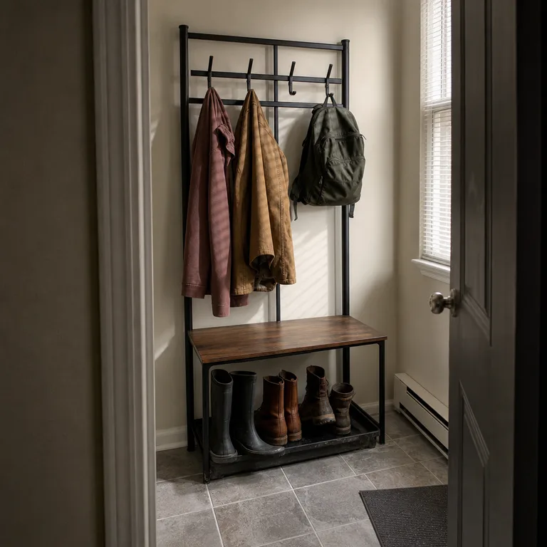 Slim hall tree combines coat hooks, a small seat, and a boot tray in a compact entry.