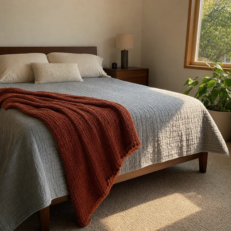 A rust knit throw draped over one lower corner of a gray quilted bed.