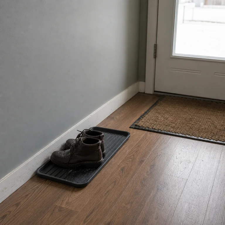 A single rubber boot tray holds two wet boots along the wall of a narrow entry.