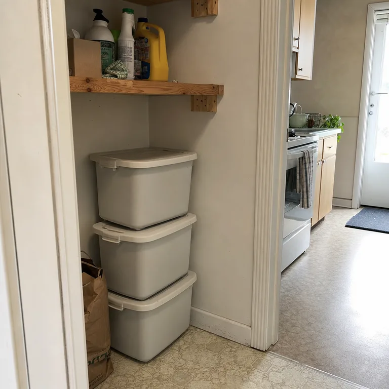 Stackable recycling bins arranged inside a small utility closet near the kitchen.