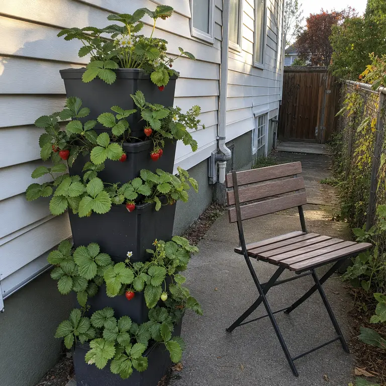 A vertical planter with strawberry plants on a narrow patio.