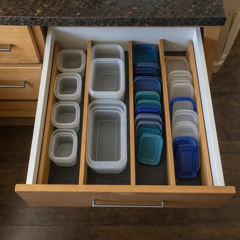 A deep kitchen drawer divided into lanes for square and rectangular food containers.