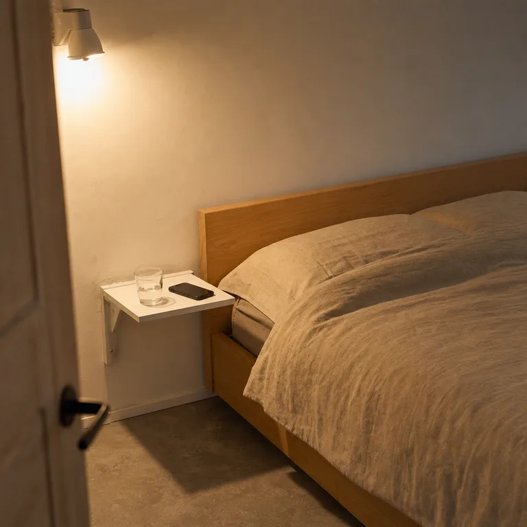 A white fold-down wall shelf opens beside a bed while leaving the floor clear beneath it.