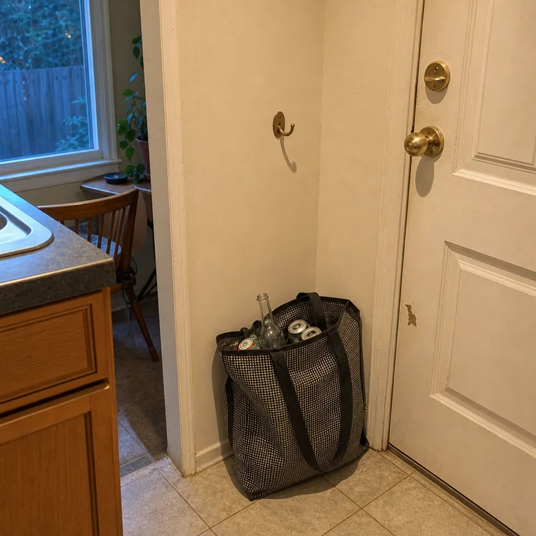 Foldable tote holding clean bottles and cans beside a small kitchen exit.