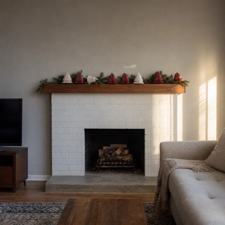 Folded white and red paper bells rest in a simple garland on a painted brick mantel.