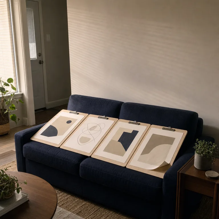 Four large plywood clipboards arranged in a grid above a navy living-room sofa.