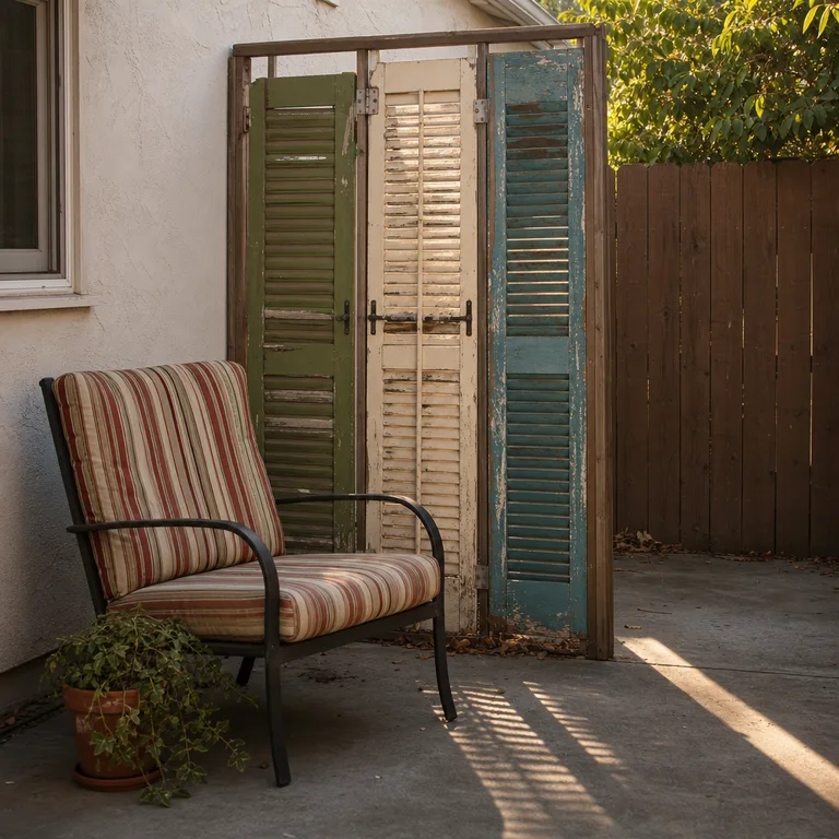 Old painted shutters form a narrow freestanding privacy screen behind a patio chair.