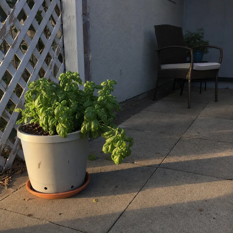 Basil growing in a simple moveable bucket planter on a paved patio.
