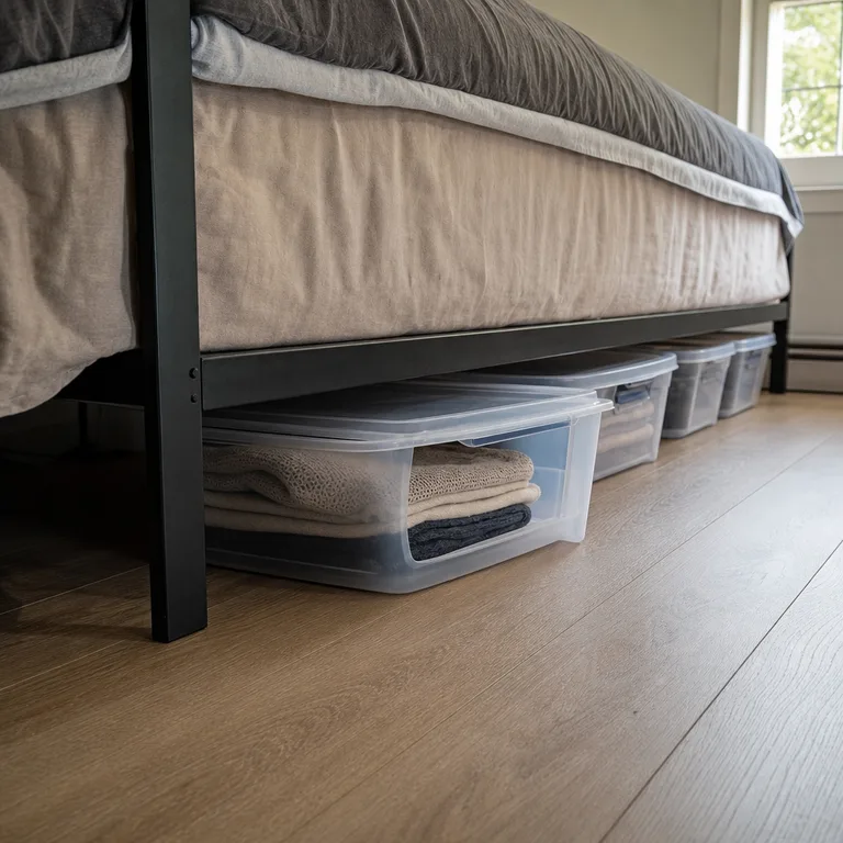 Shallow lidded clothing boxes stored under a raised bed frame.