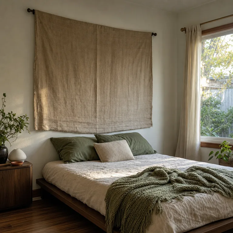 Oatmeal woven fabric panel hung behind a plain platform bed.