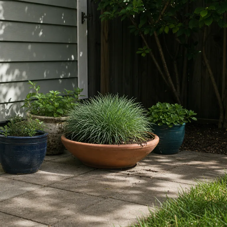 A wide terracotta planter anchors a low grouping of smaller mixed pots.