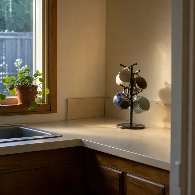 Compact black mug tree holding four mismatched mugs in a small kitchen counter corner.