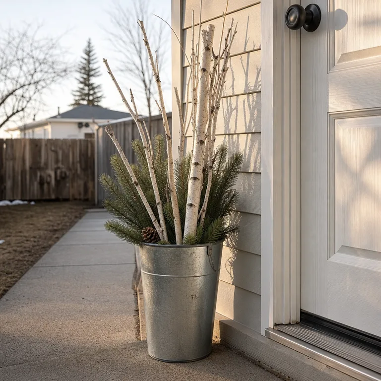 A slim bucket of birch branches stands flush against the wall beside a clear front door.