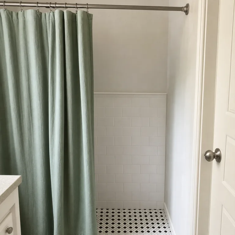 Sage shower curtain softening a black-and-white tiled bathroom.
