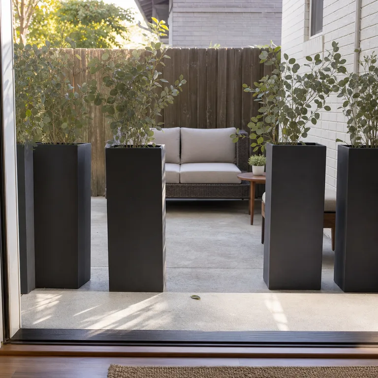 Tall charcoal planters create a removable privacy divide on a shared small patio.