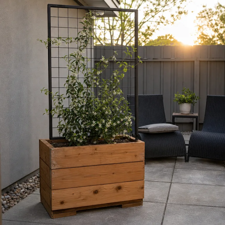 Freestanding cedar planter box with a black grid panel supporting a climbing vine beside patio chairs.