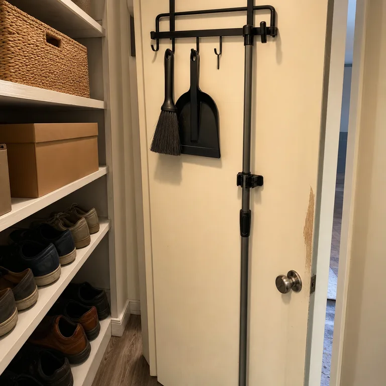 An over-door rack inside an entry cupboard holds a dustpan, hand broom, and mop handle.