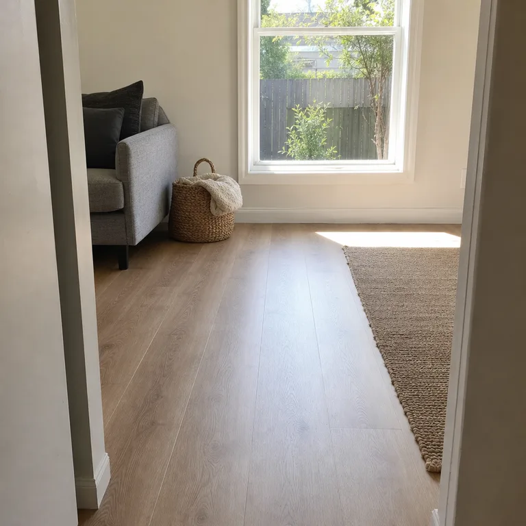 A clear strip of floor leads from a small living room to the window for opening and cleaning access.