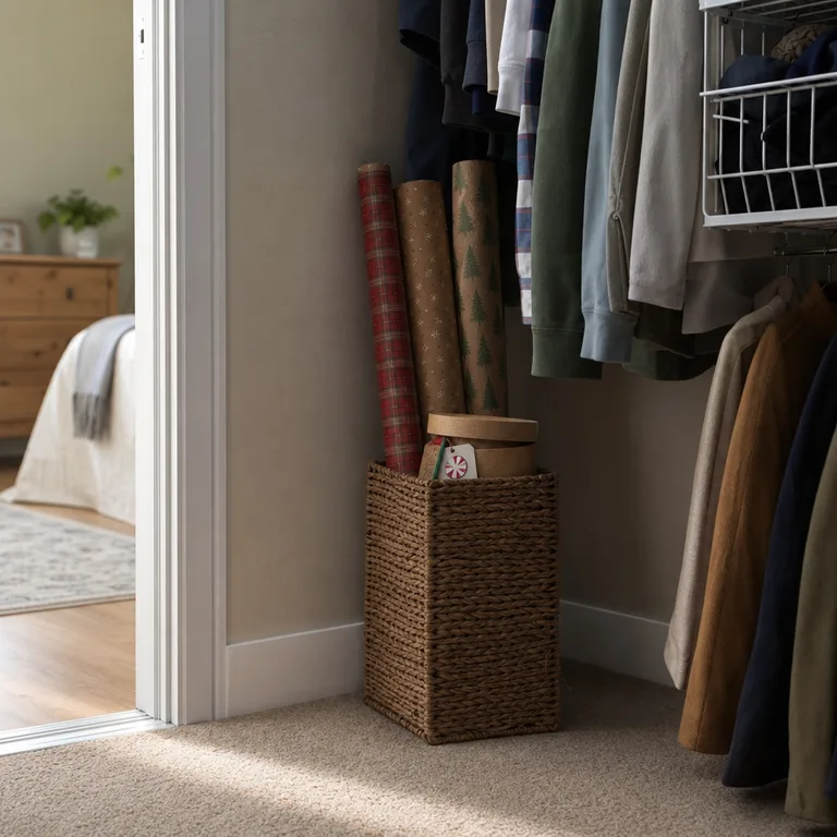A narrow woven basket of upright wrapping-paper rolls in the corner of a bedroom closet.