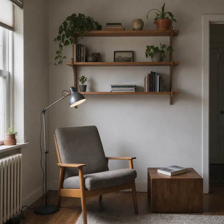 Simple chair under open shelves with an adjustable floor lamp and low side table.