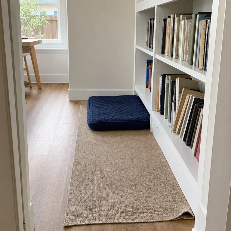 Navy flat pet bed on a washable runner at the end of a shallow white bookcase.