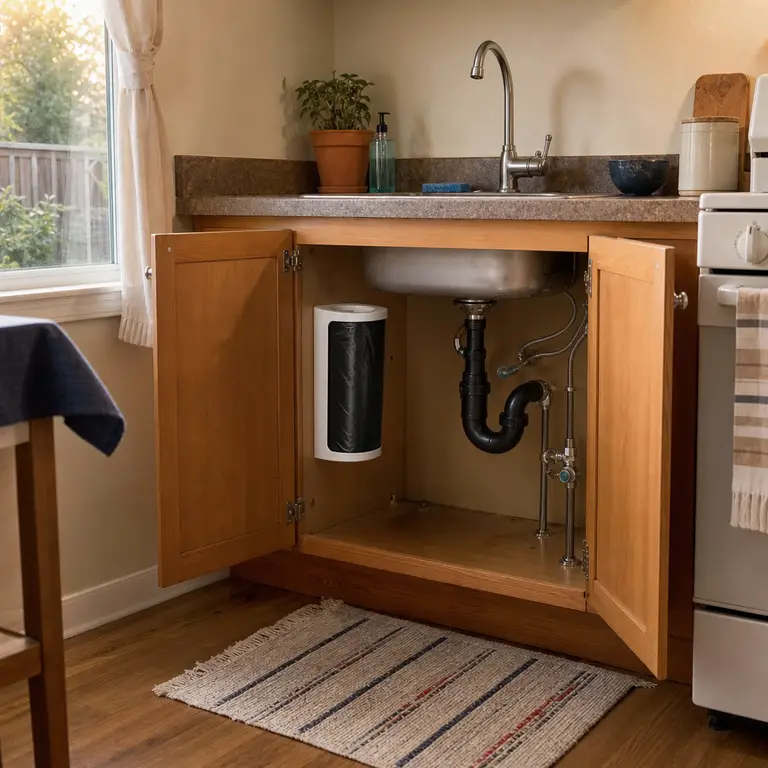 A removable dispenser holds trash bags along the side of an under-sink cabinet.